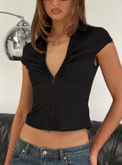 Oceanna Ruched Short Sleeve Collared Top Black