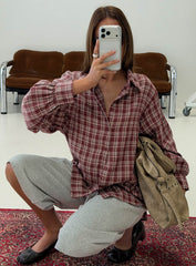 Caydence Long Sleeve Button Down Flannel Top Burgundy Check