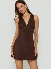 Splashy Lace Trim Mini Dress Chocolate