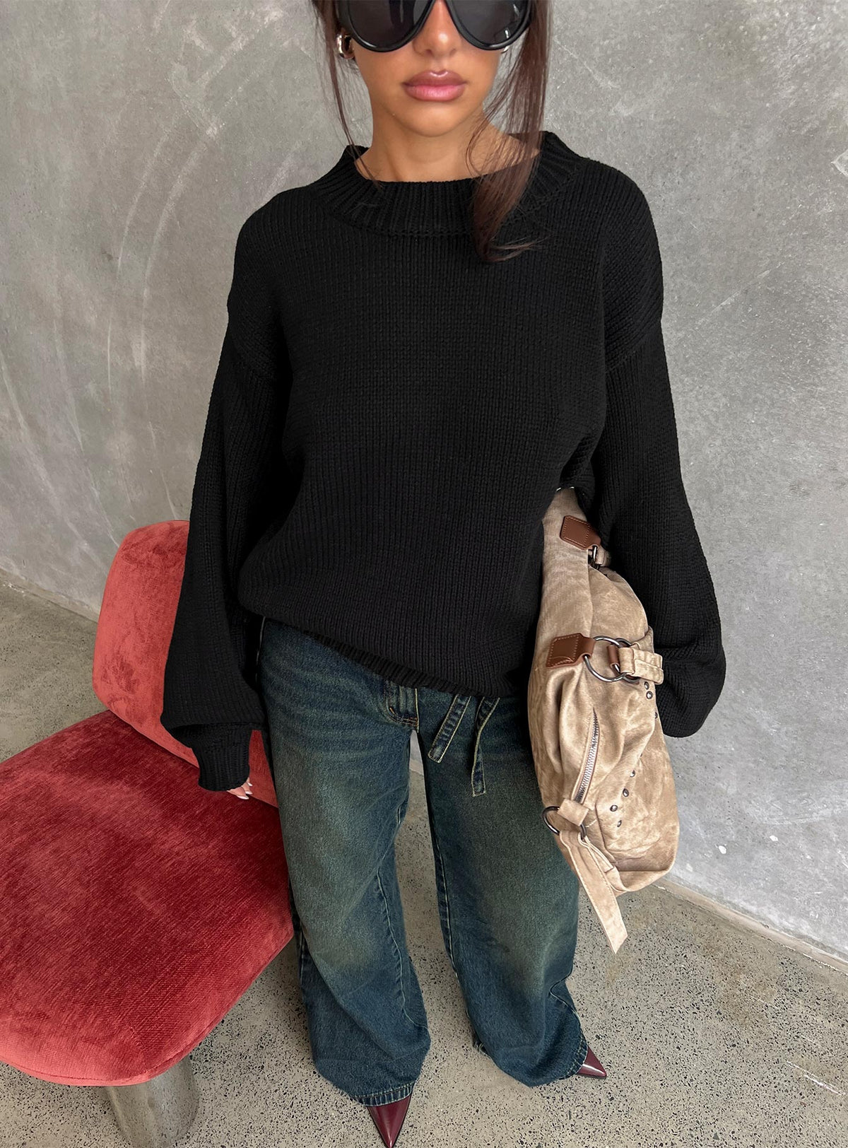 Harmony Balloon Sleeve Knit Sweater Black