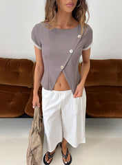 Margherite Asymmetrical Button Detail Short Sleeve Top Grey Stripe