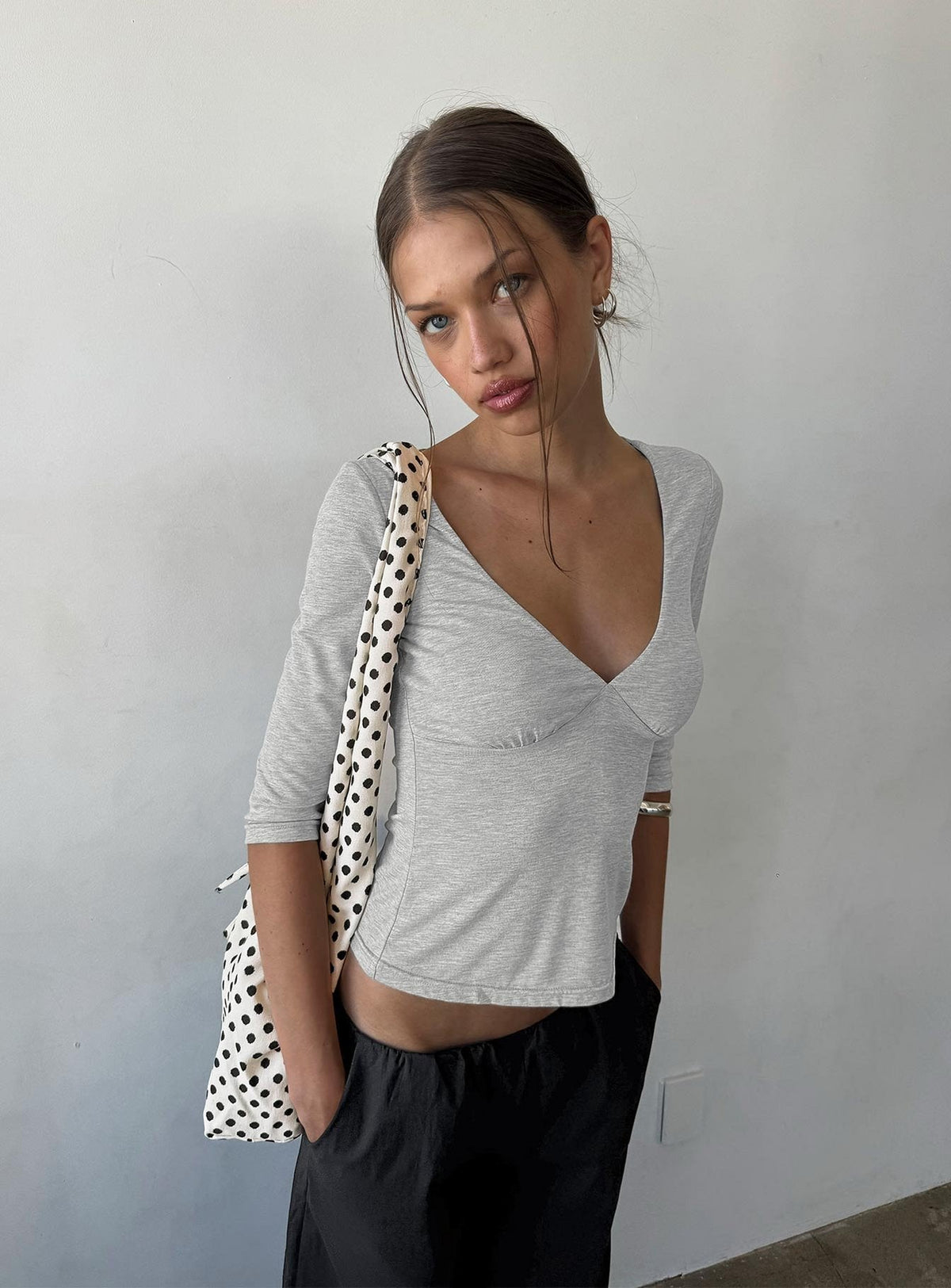 Back To Friends V Neck 3/4 Sleeve Top Grey Marle