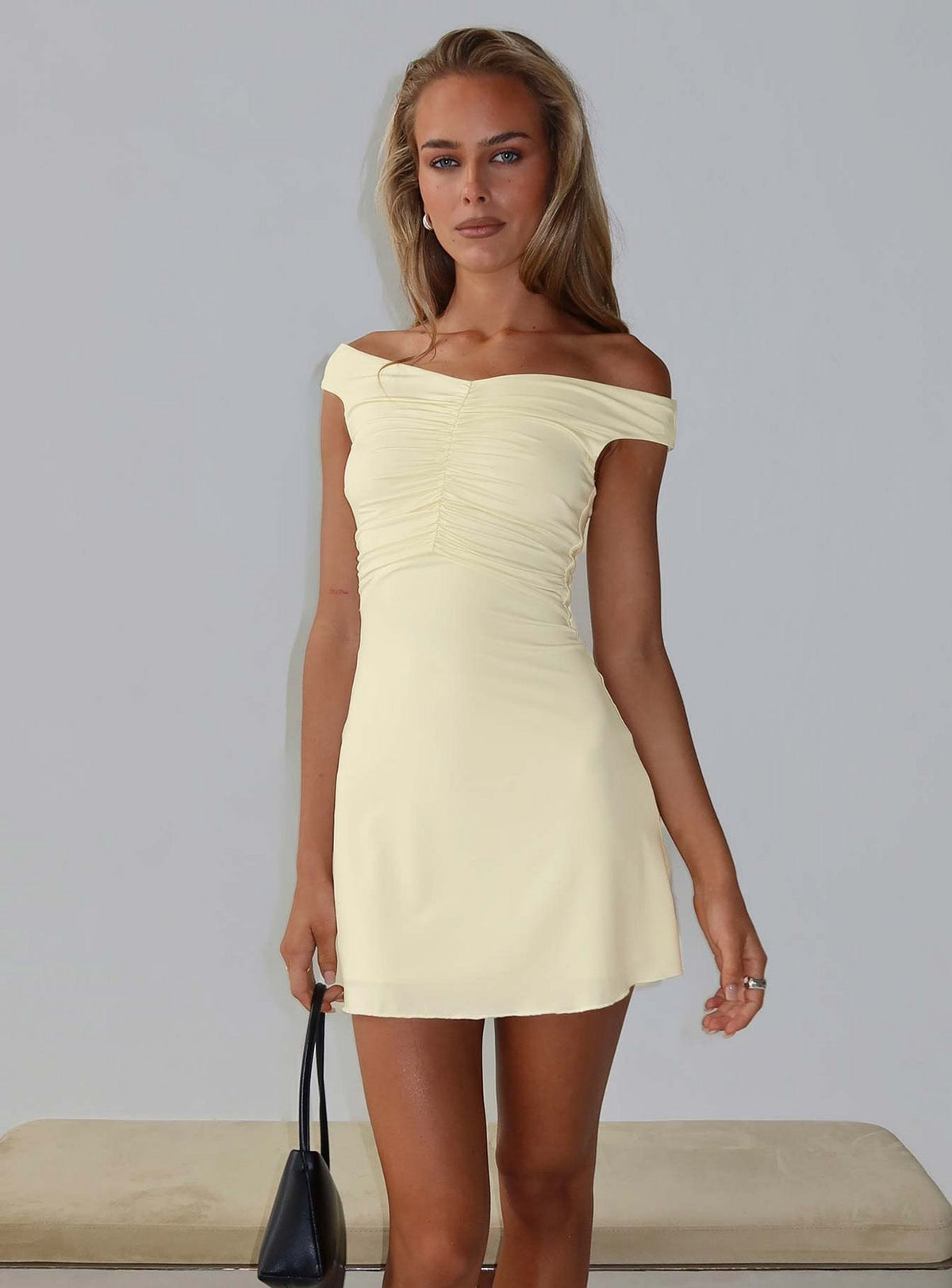 Keera Off Shoulder Ruched Mini Dress Butter