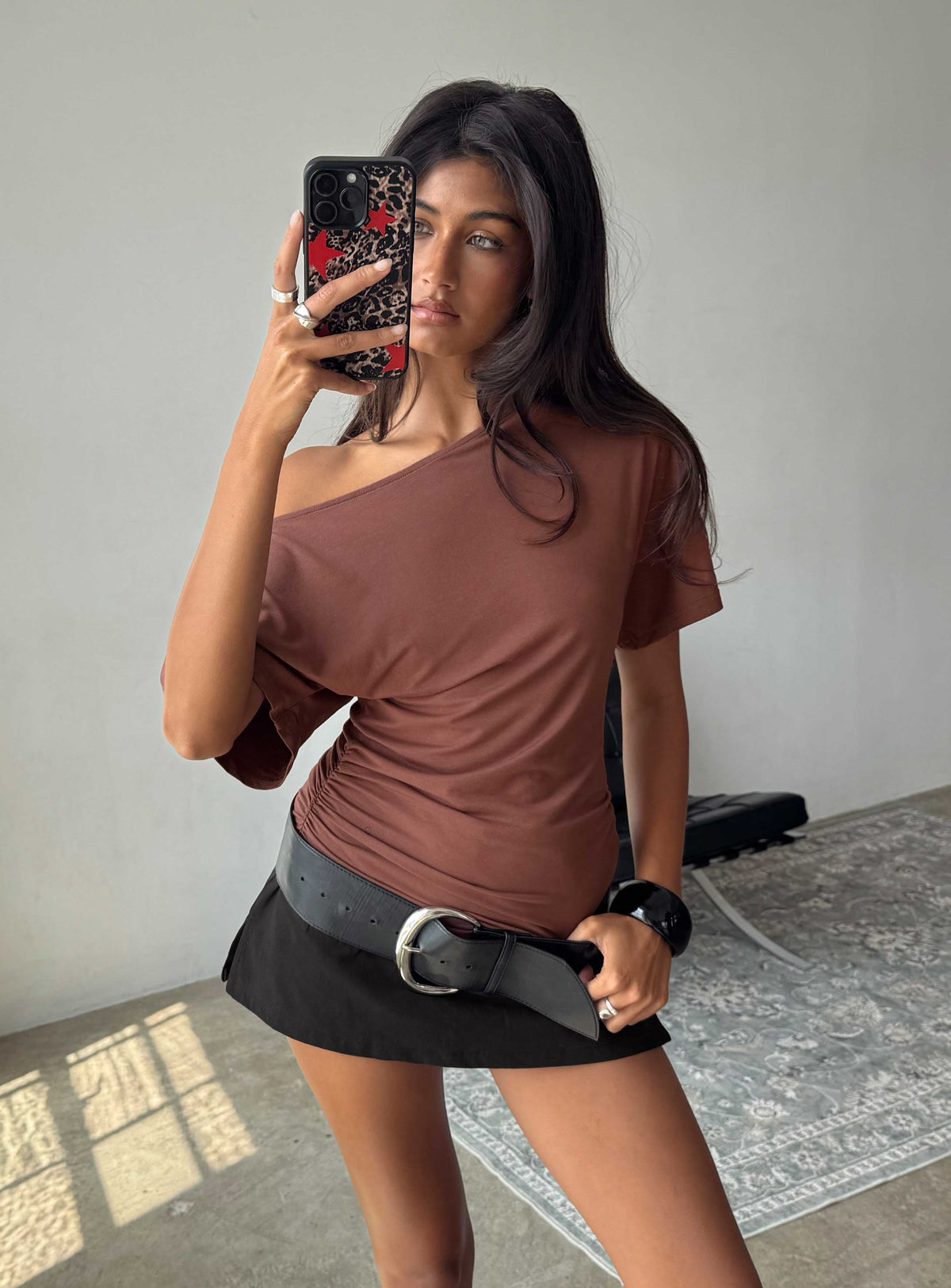 Luckiest Girl Off Shoulder Cinched Top Clay