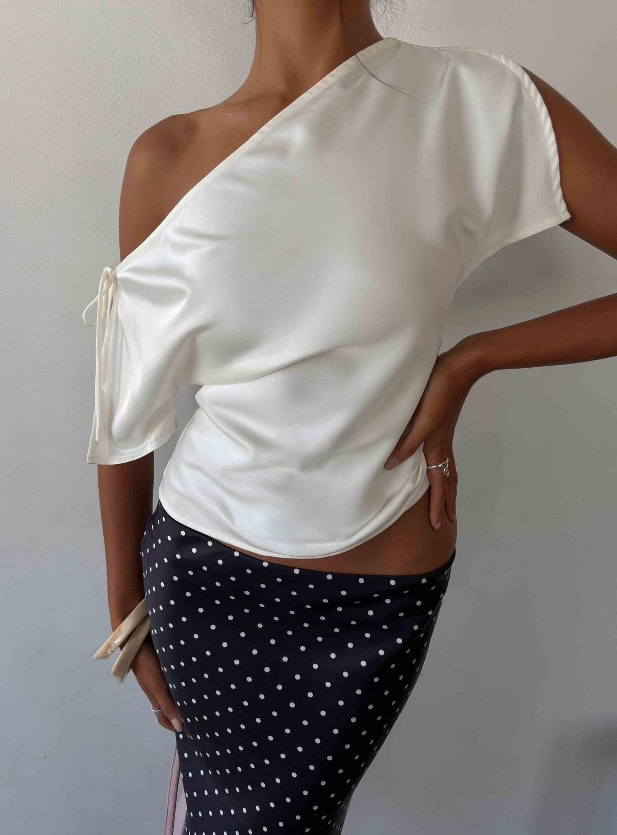 Faisa Off Shoulder Satin Top Cream