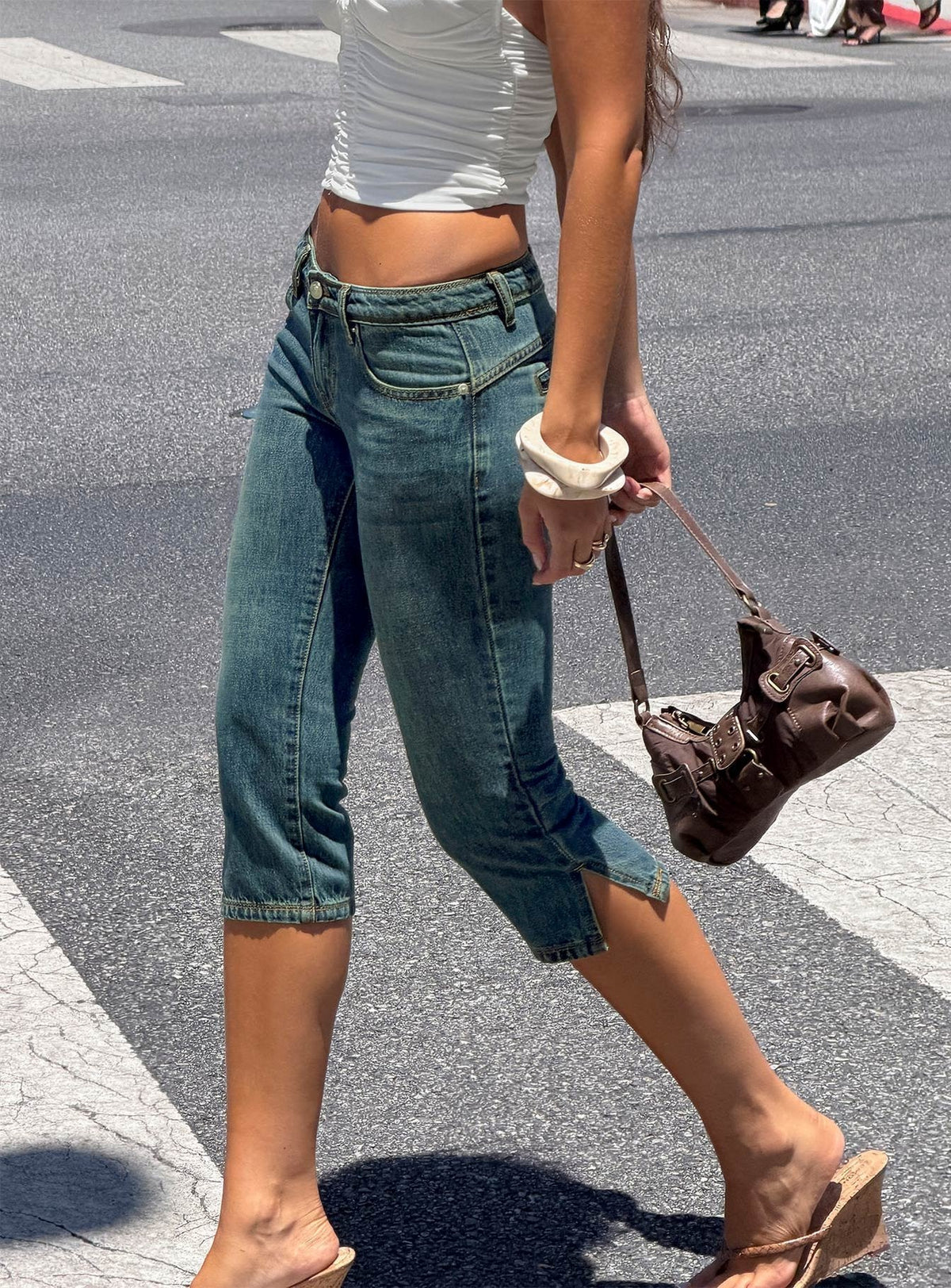 Ceilea Ultra Low Rise Denim Capri Pants Dirty Blue