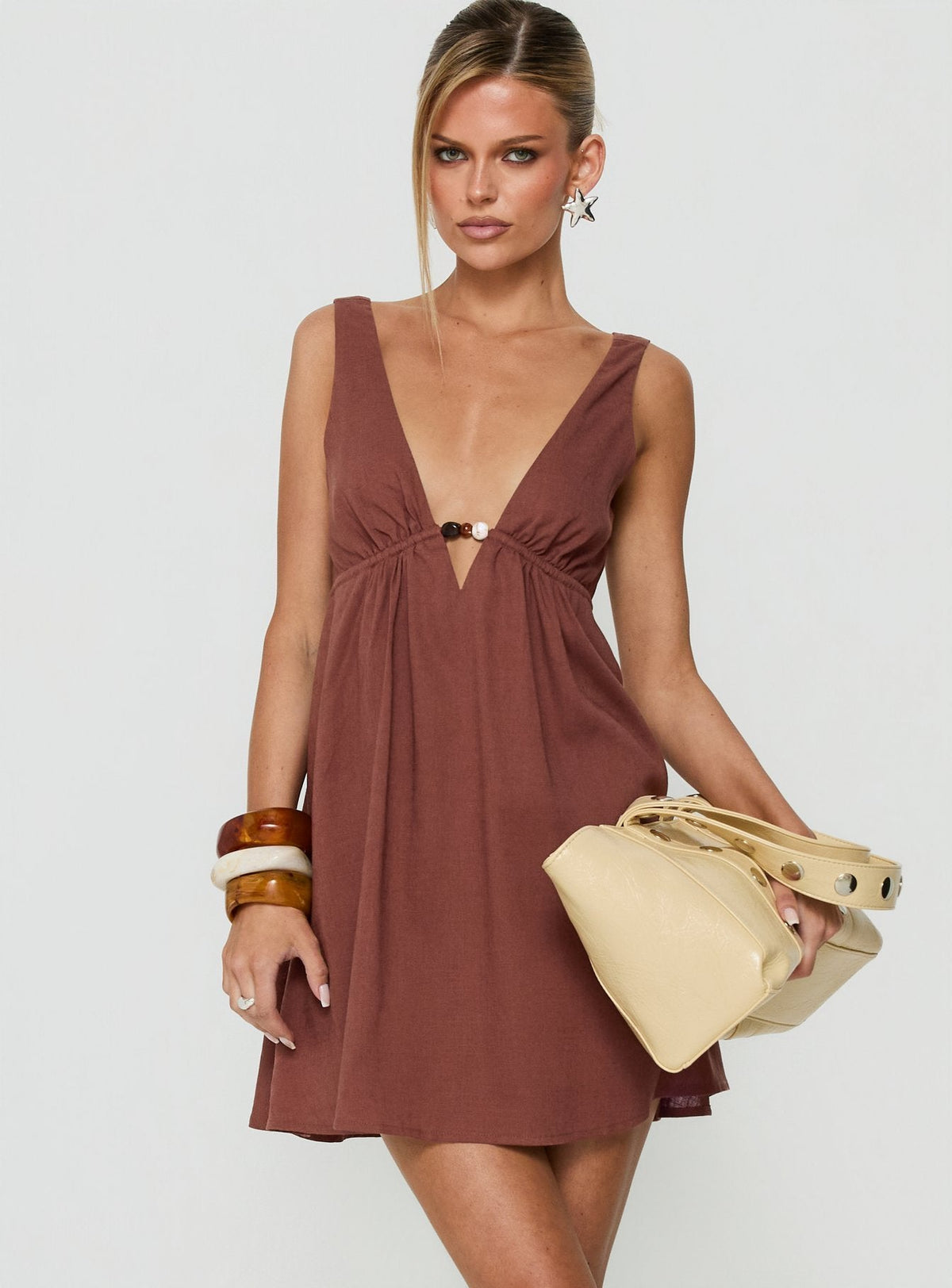 Giyah Bead Detail Mini Dress Brown