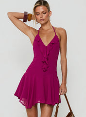Hey Blondie Ruffle Halter Mini Dress Plum