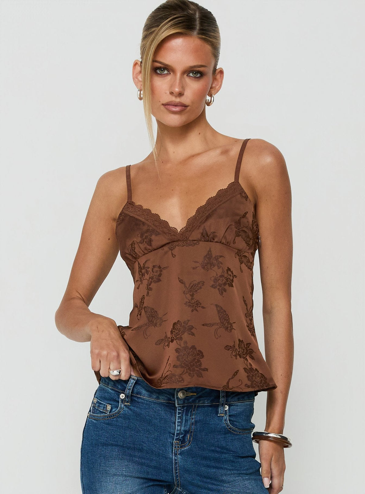 Had Me At Hello Lace Trim Floral Detail Top Chocolate