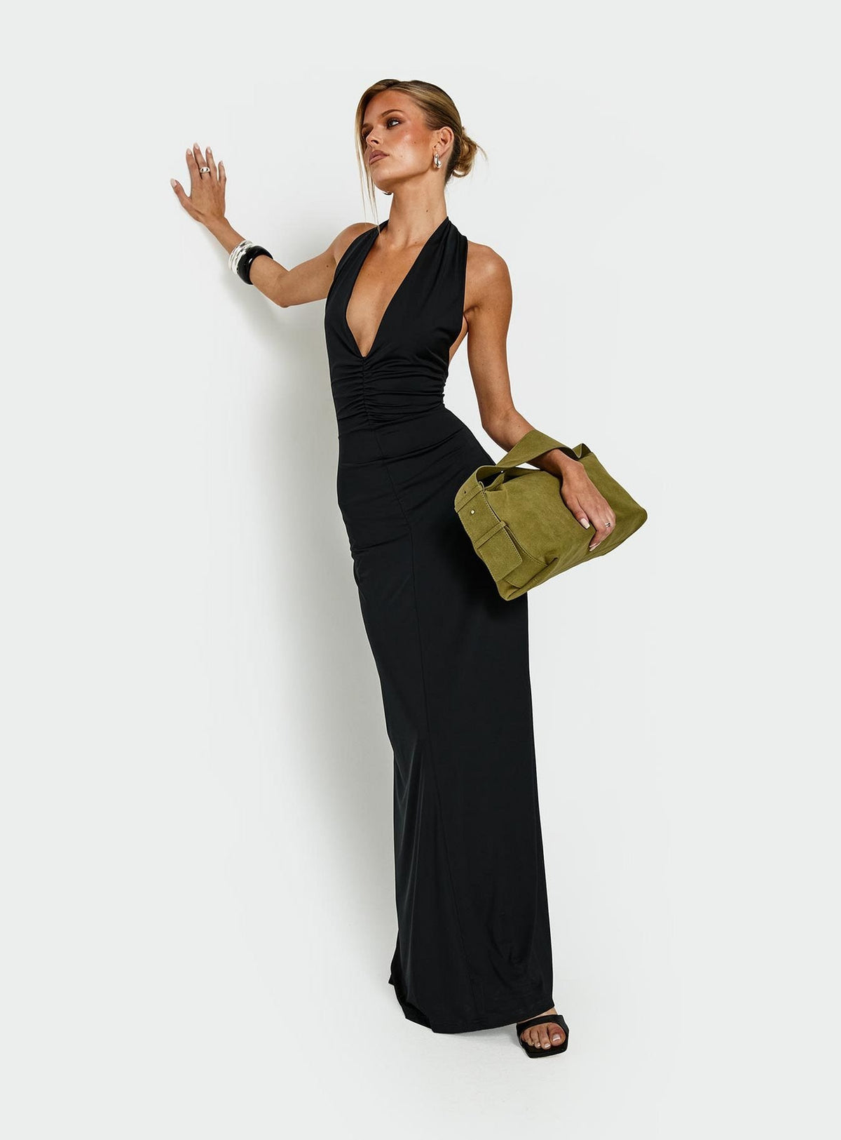Dreamt Of You Plunge Neck Halter Maxi Dress Black