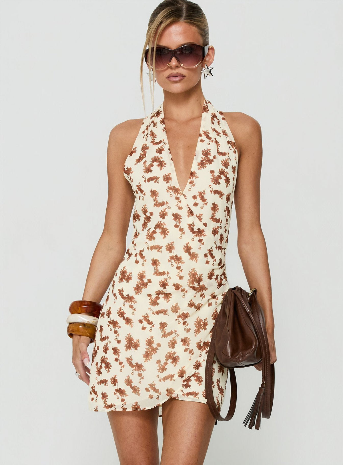 Jaymia Plunge Halter Mini Dress Yellow Floral