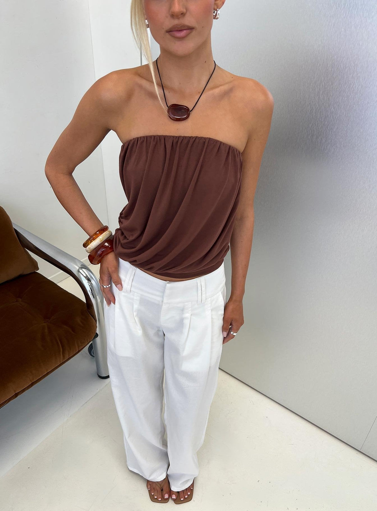 Taleisa Gathered Drape Strapless Top Brown