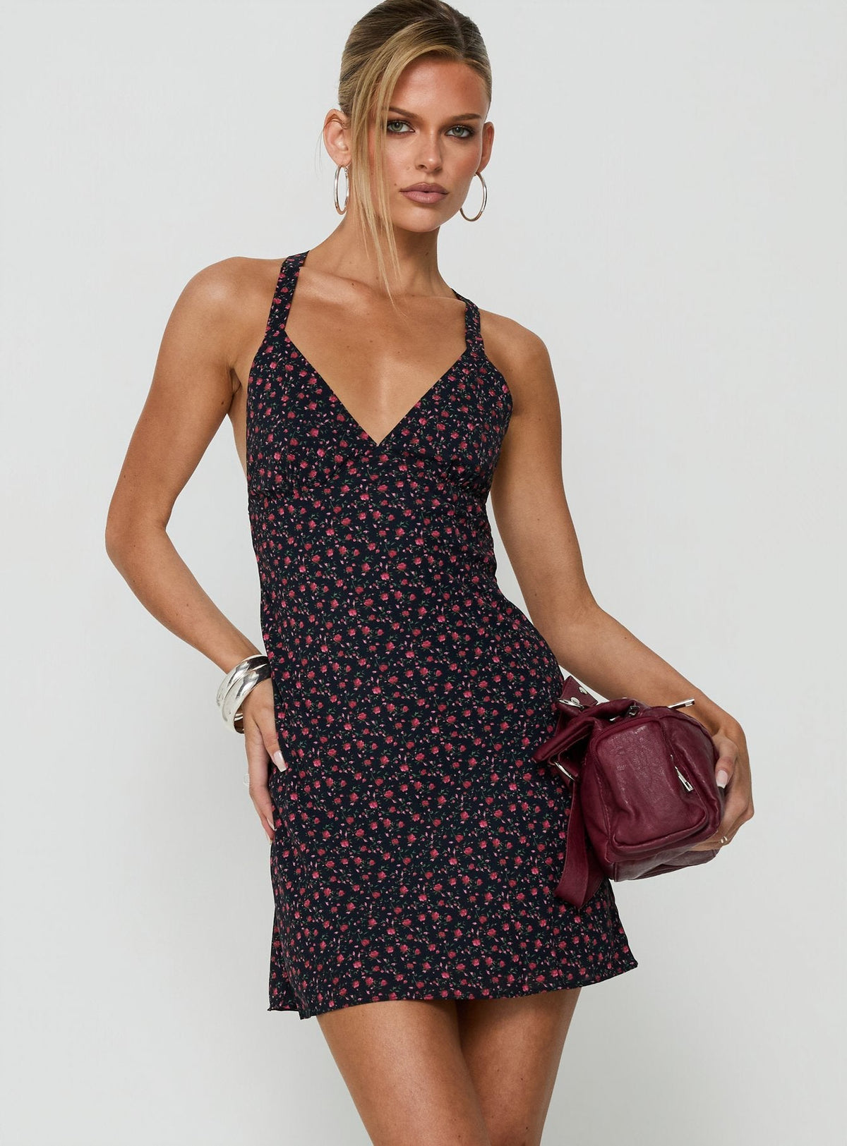 Rosabelle Halter Satin Mini Dress Navy / Red Floral
