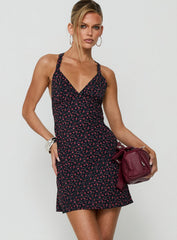 Rosabelle Halter Satin Mini Dress Navy / Red Floral