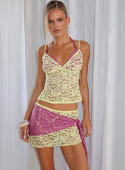 Sirna Lace Wrap Contrast Mini Skirt Lime / Pink