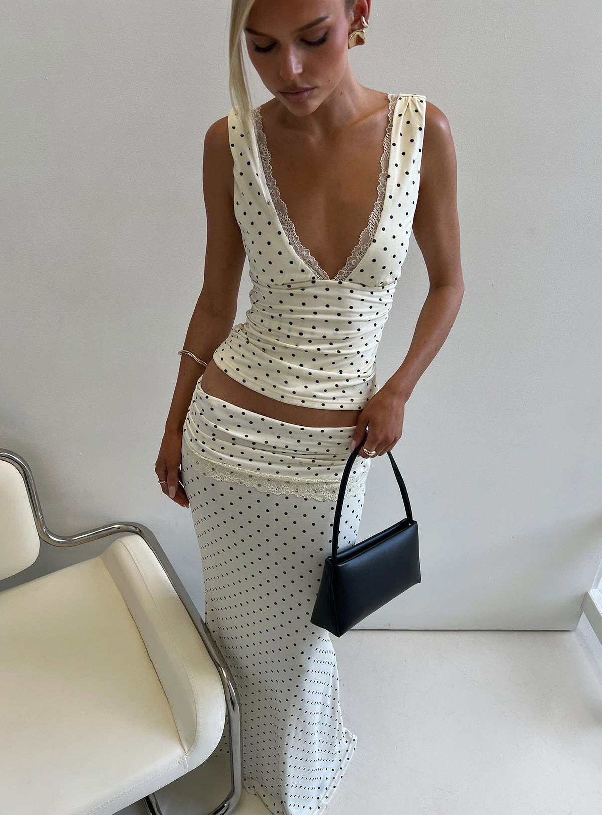 Zespri Lace Jersey Top Cream Polka Dot