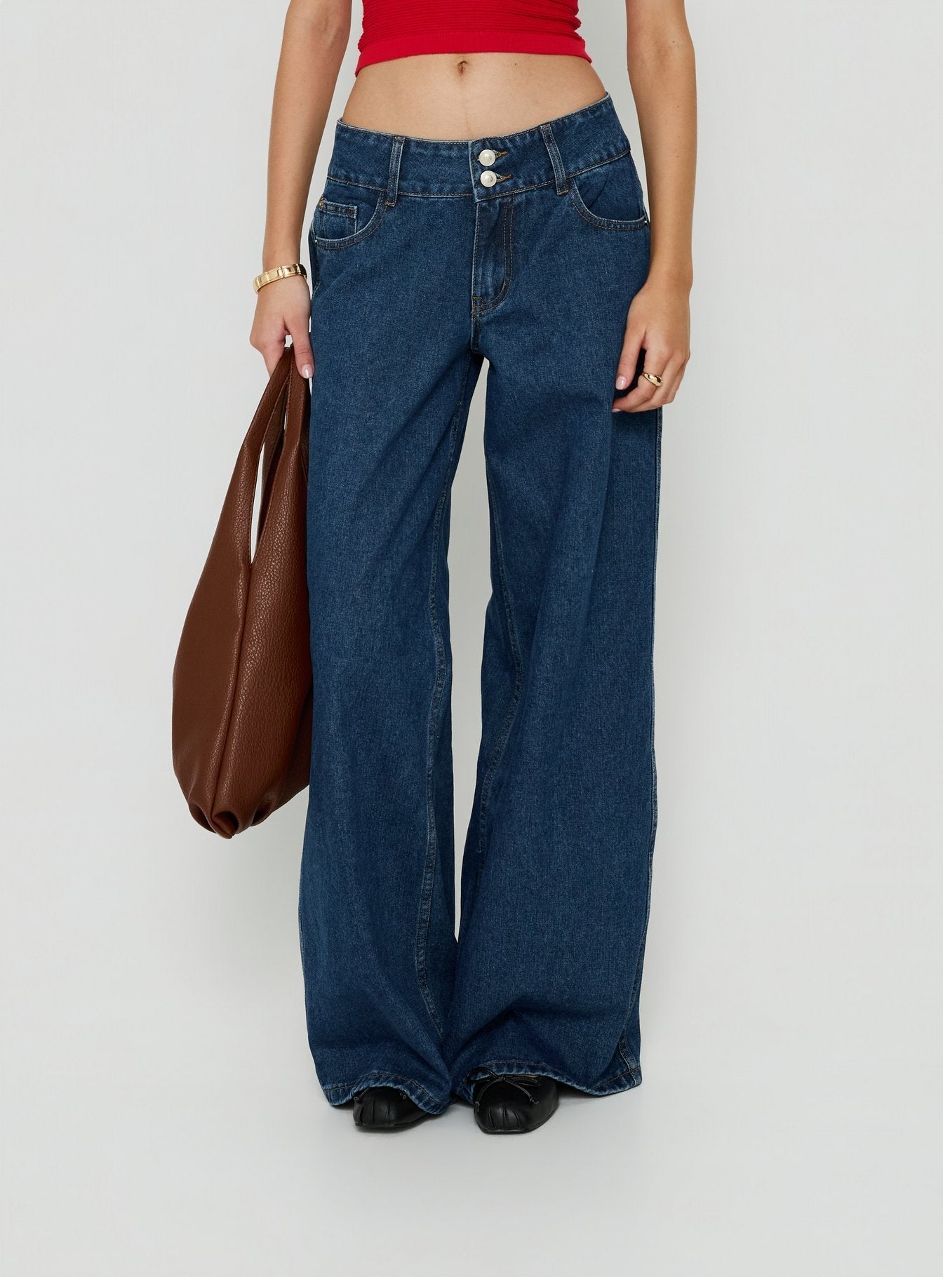Ramos Low Rise Double Button Wide Leg Jeans Dark Indigo