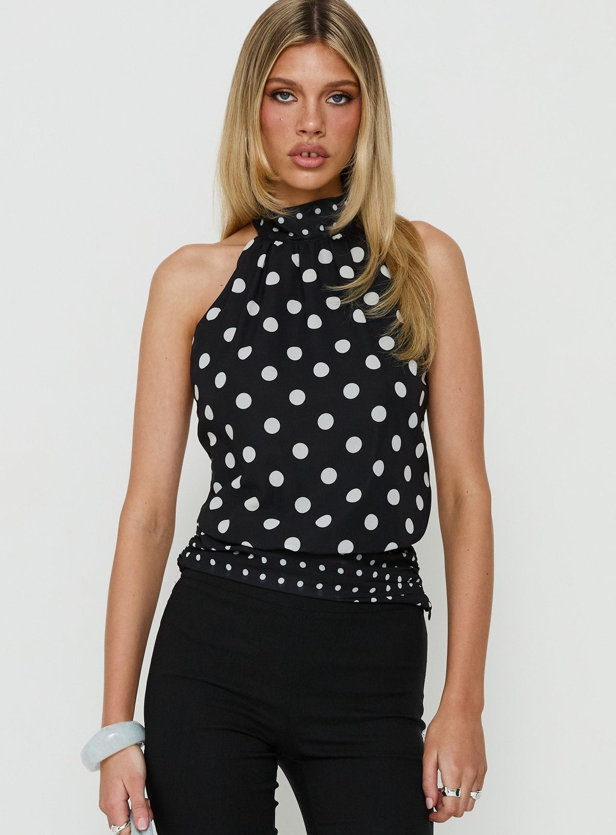 Eliannah High Neck Sleeveless Top Black Polka Dot