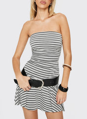 Laynuh Strapless Ruched Mini Dress Grey / White Stripe
