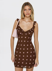 Lozie Frill V Neck Mini Dress Brown Polka Dot