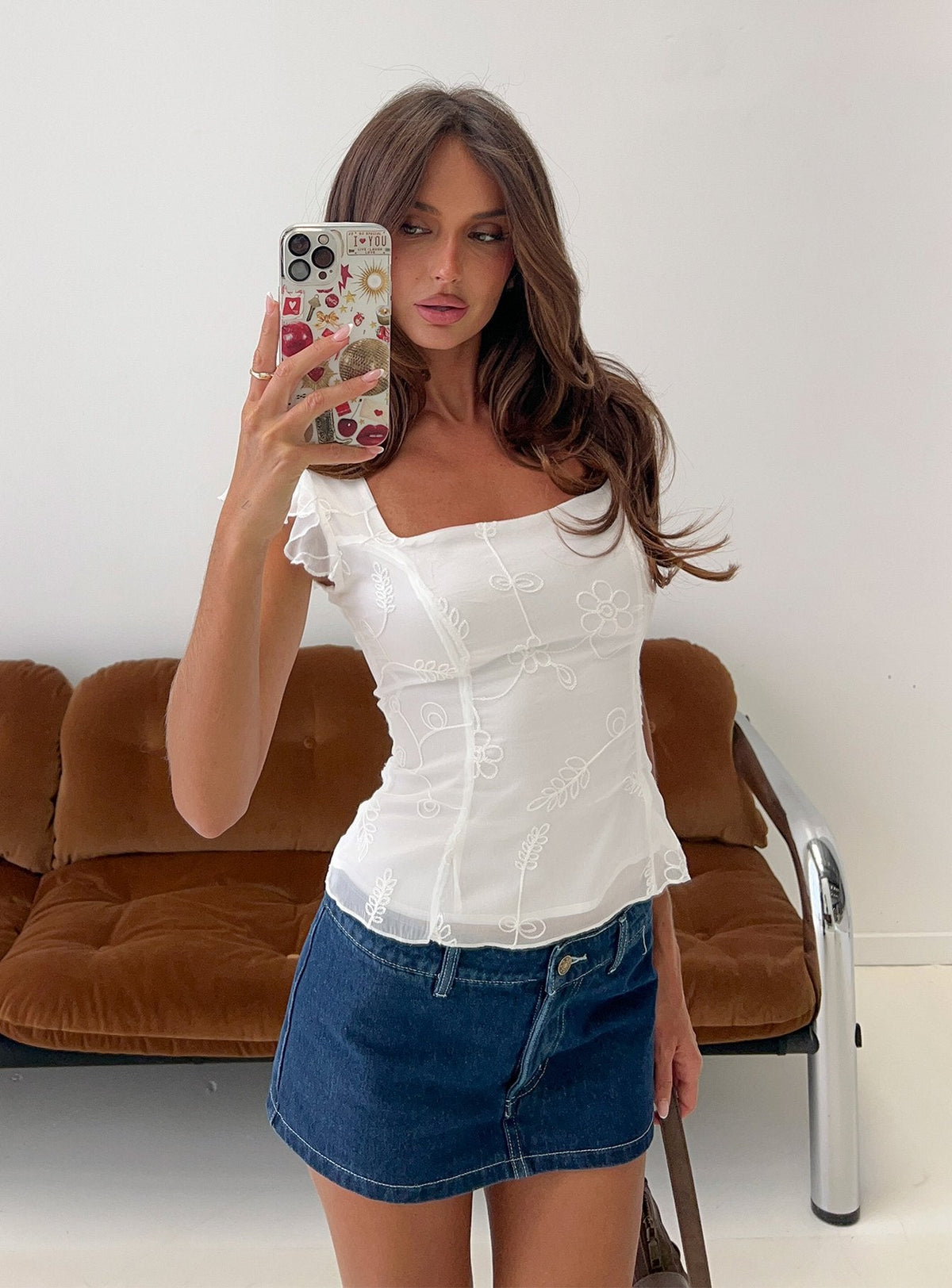 Kaelira Square Neck Frill Short Sleeve Top White
