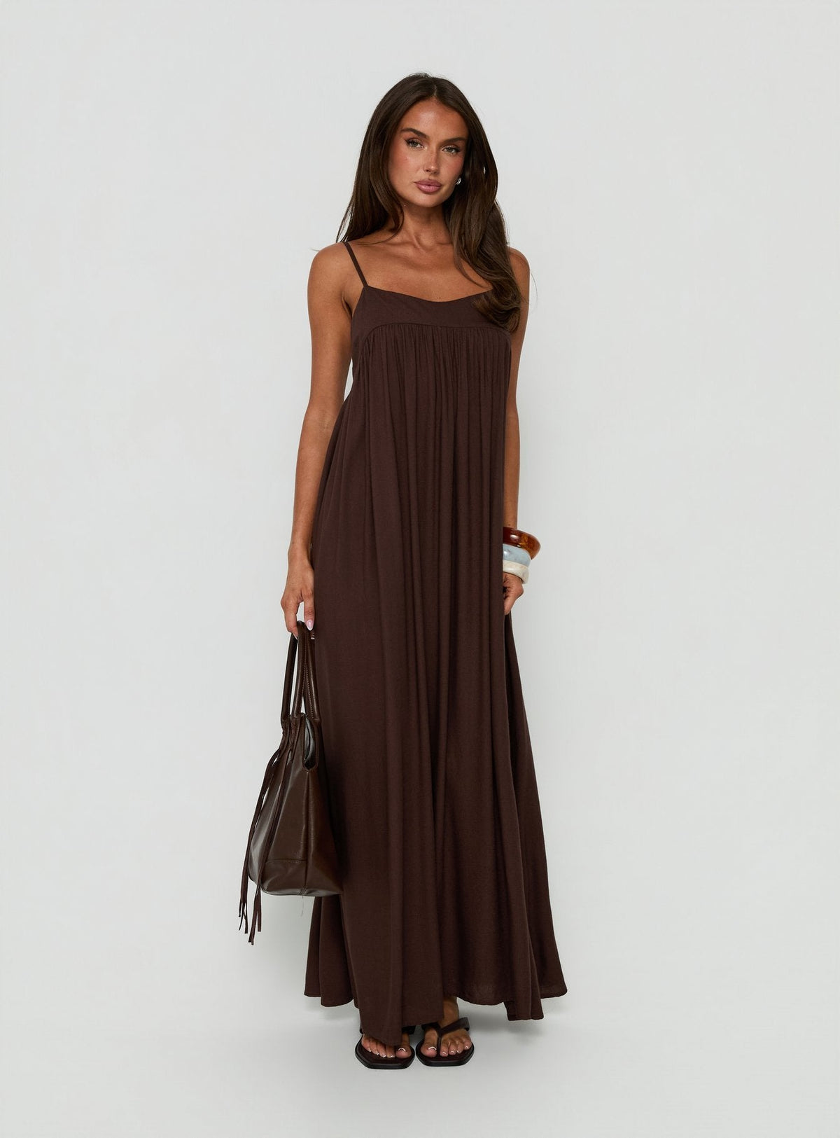 Wildah Linen Smock Maxi Dress Brown