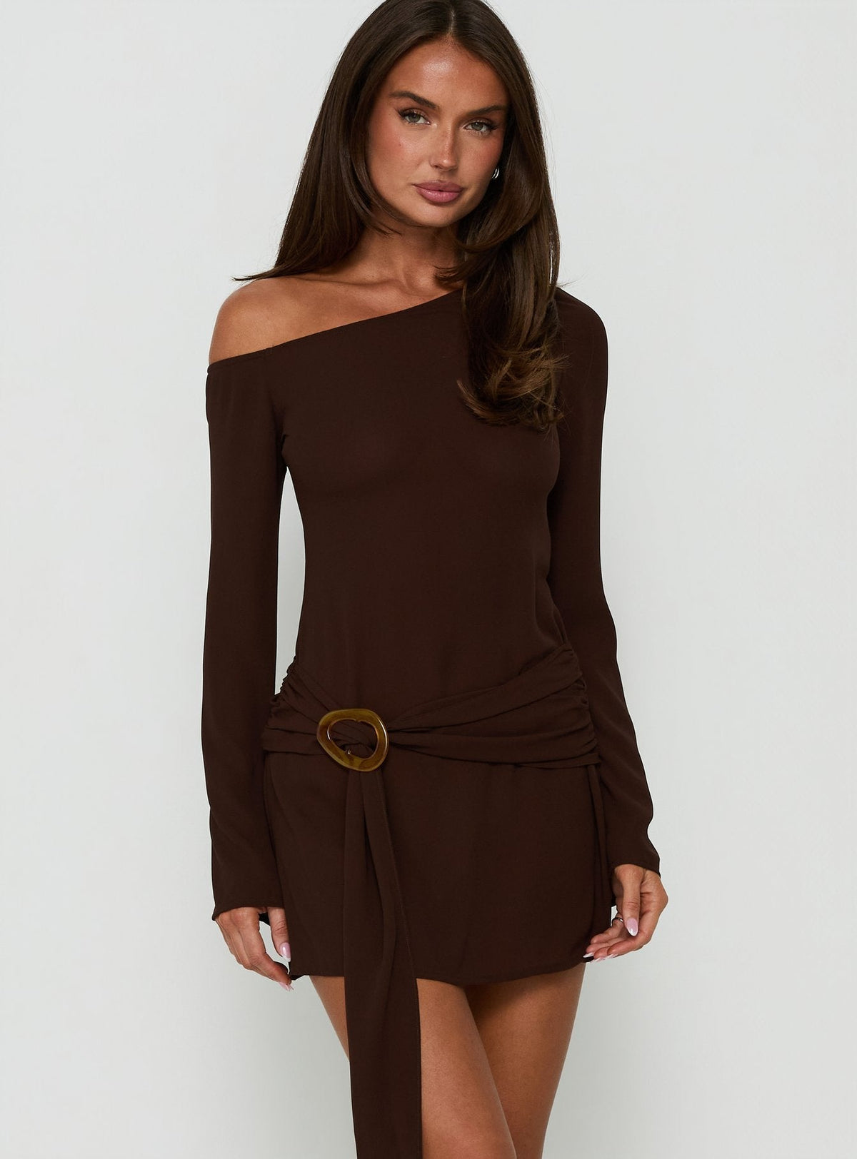 Still Spinning One Shoulder Belted Mini Dress Brown