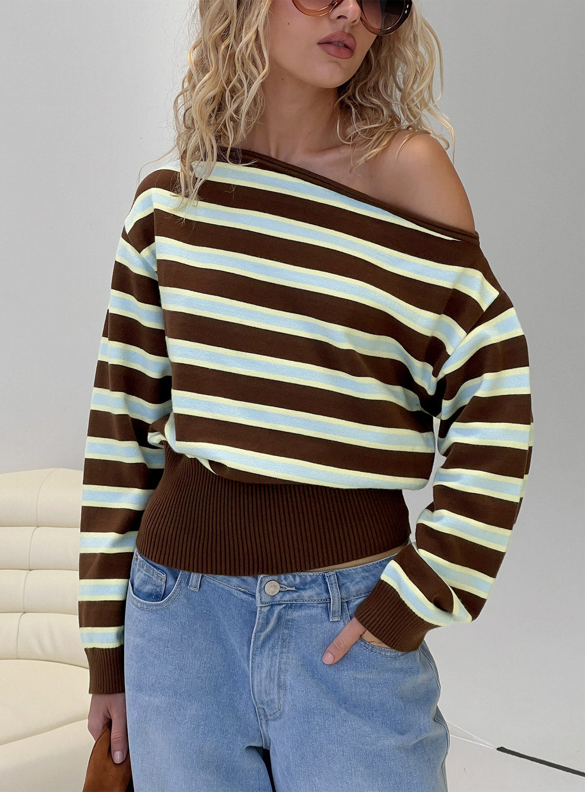 Zinia Off Shoulder Knit Sweater Brown / Blue Stripe