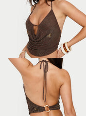 Danee Beaded Mesh Halter Top Brown