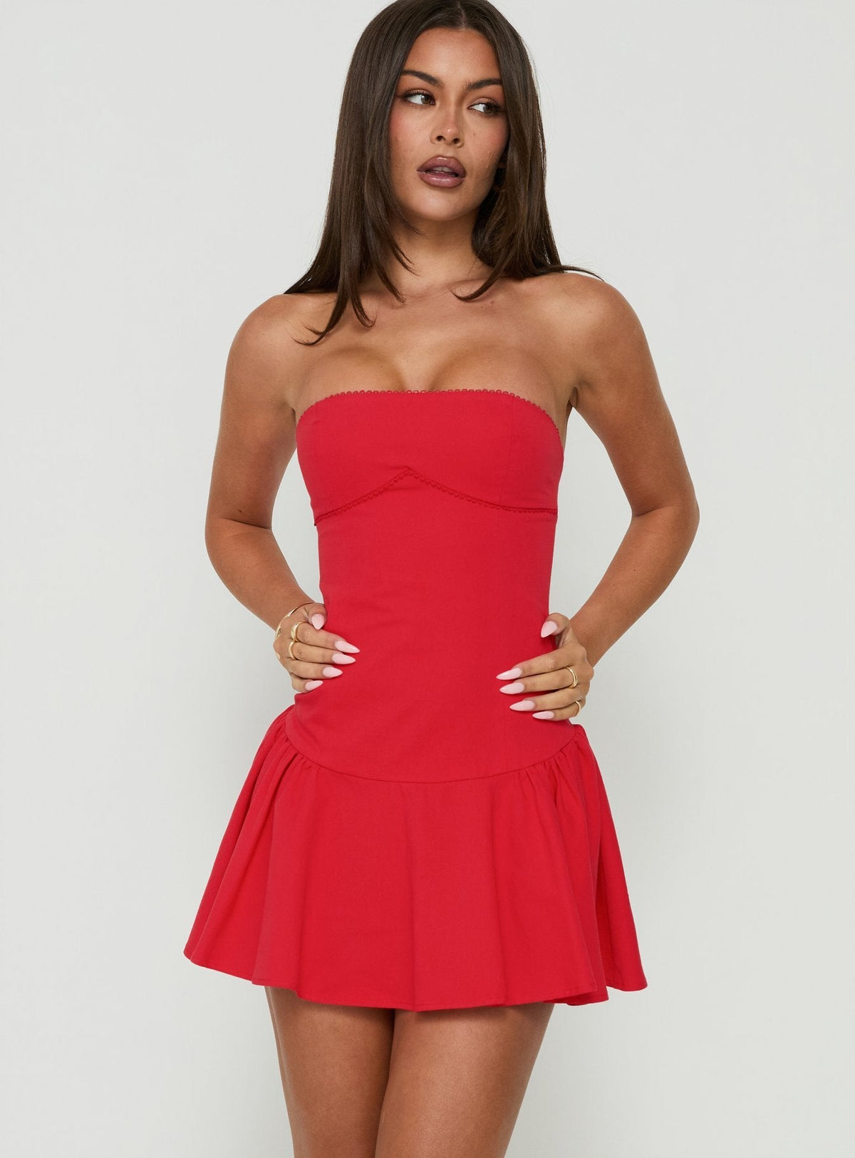 Austina Strapless Drop Waist Mini Dress Red