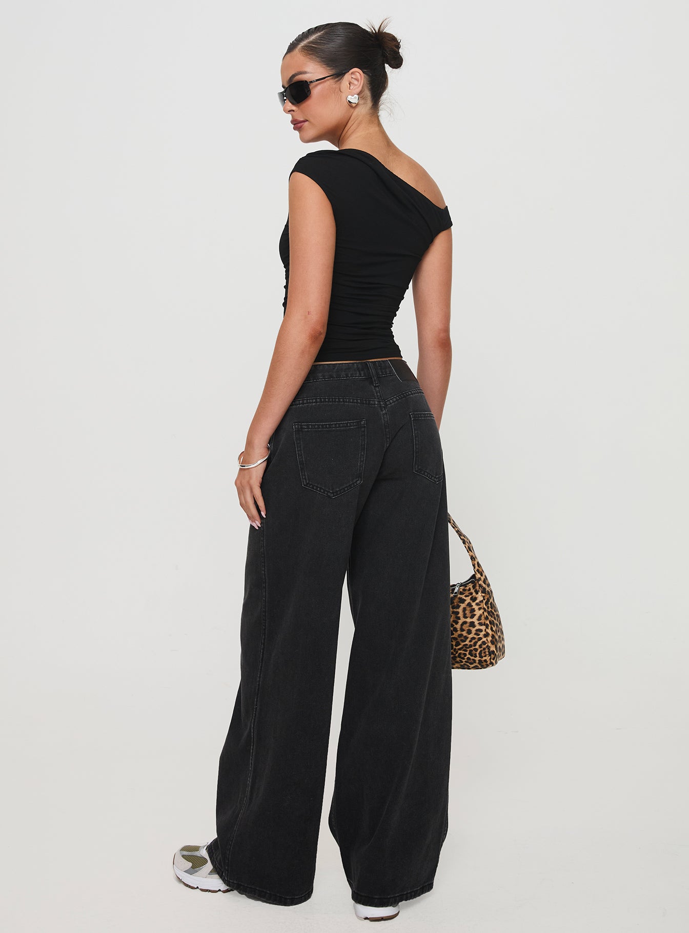 Ramos Low Rise Wide Leg Denim Jeans Washed Black