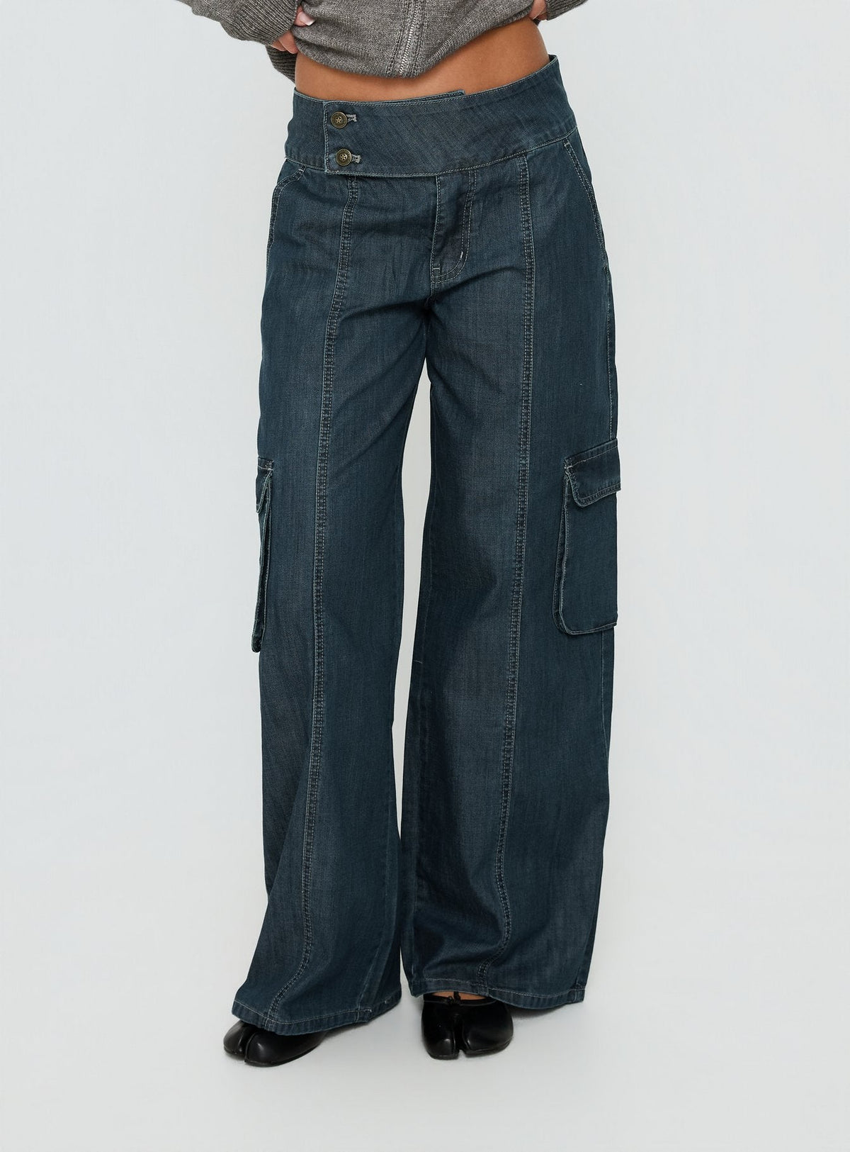 Nikoletta Mid Rise Wide Leg Cargo Jeans Dark Blue Wash