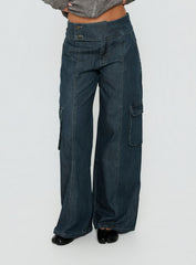 Nikoletta Mid Rise Wide Leg Cargo Jeans Dark Blue Wash
