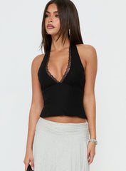 No Pressure Lace Trim Halter Top Black