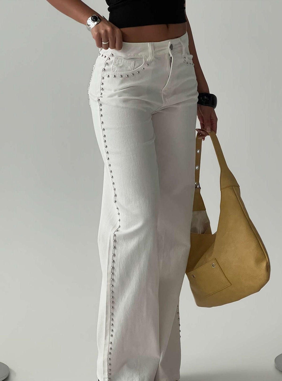 Saving Up Mid Rise Straight Leg Studded Jeans White