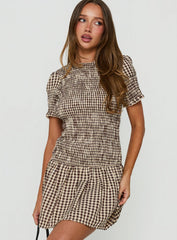 Laurita Shirred Mini Dress Brown Check