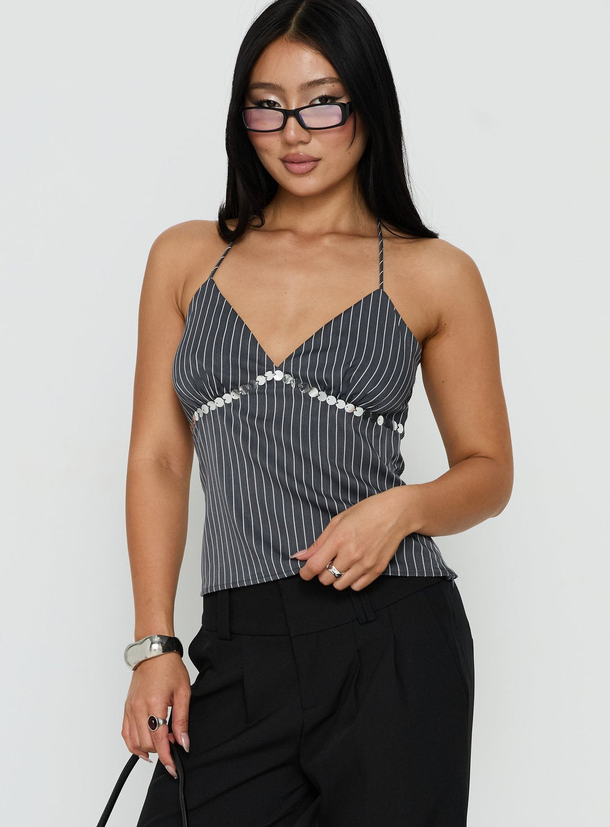 Zenas Sequin Detail Halter Top Grey Pinstripe