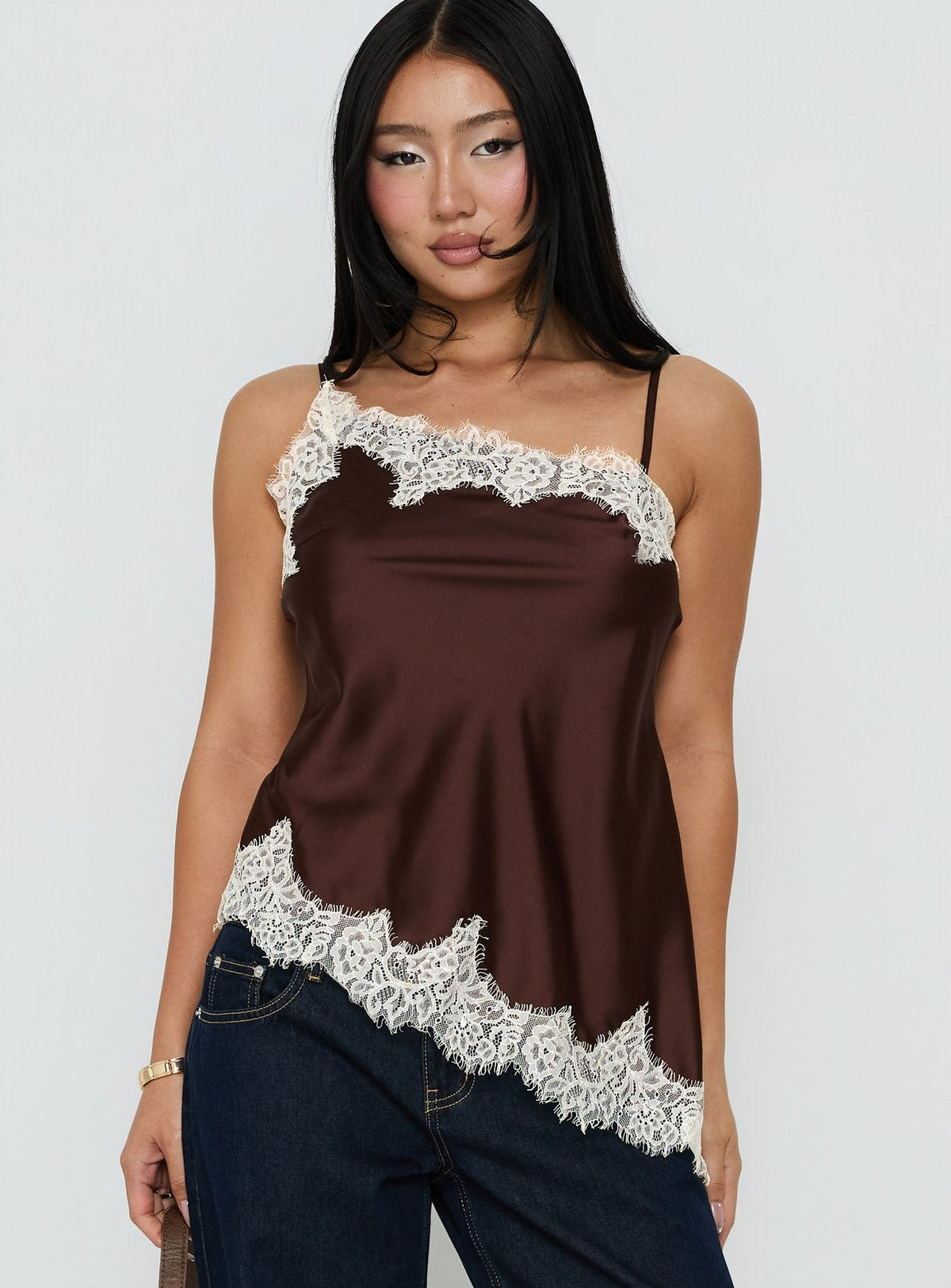 Winta Lace Trim Asymmetrical Satin Top Chocolate
