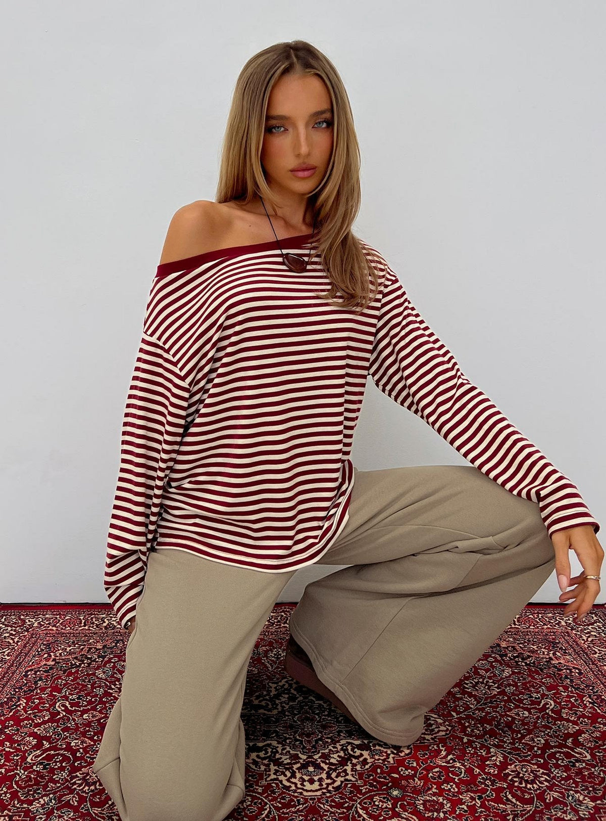 Ralyssa Off Shoulder Long Sleeve Top Red Stripe