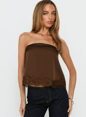 Sheyla Strapless Satin Lace Trim Top Chocolate