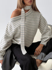 Ruthi Scarf Off Shoulder Knit Sweater Neutral Stripe