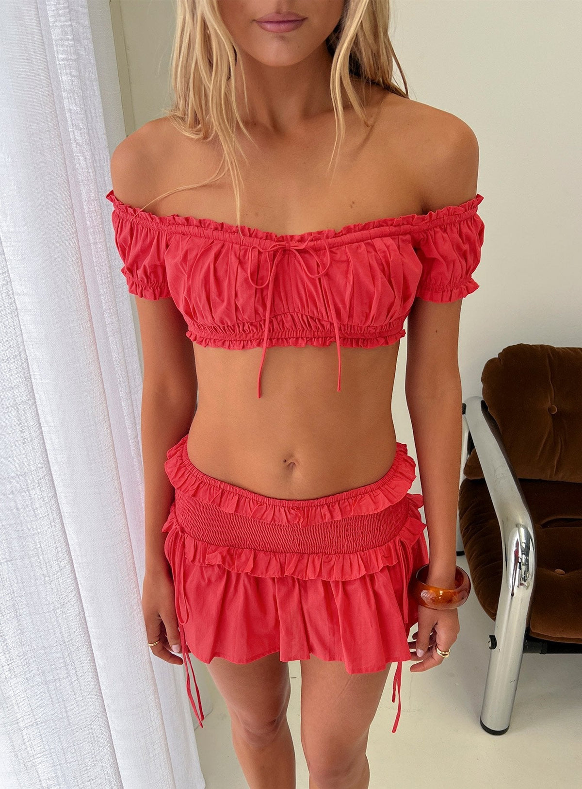 Corabel Off Shoulder Micro Crop Top Red