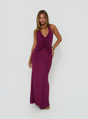 Erene Ruched Halter Maxi Dress Berry