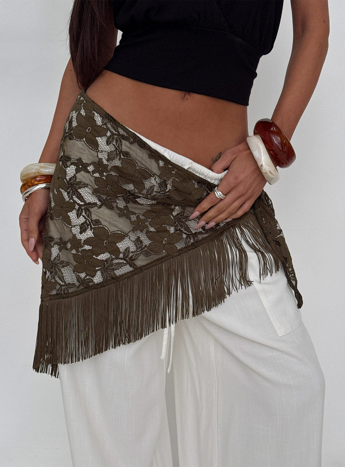 Elizebeth Tie Waist Tassel Belt Khaki