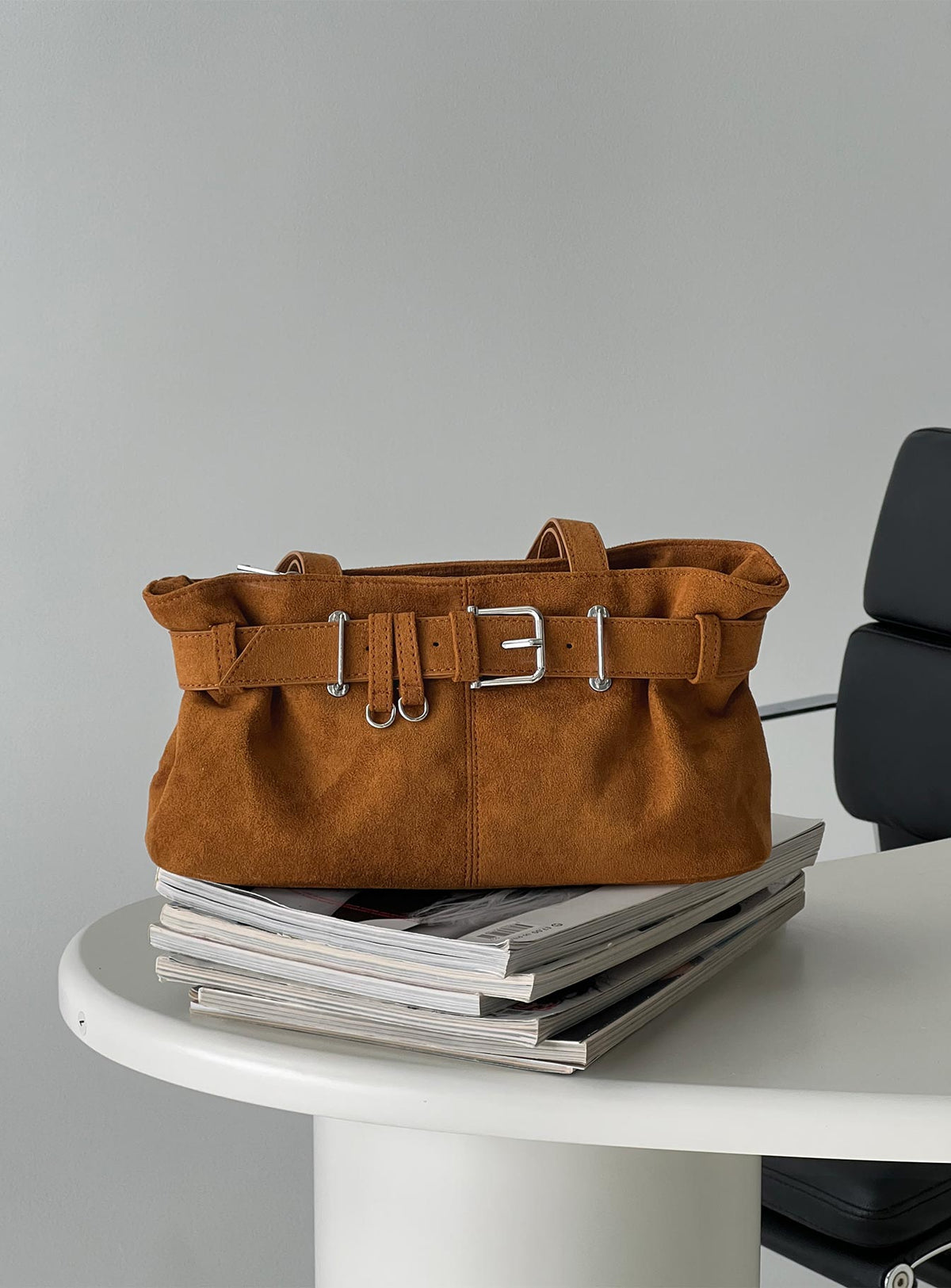 Views Of Capri Faux Suede Buckle Shoulder Bag Brown
