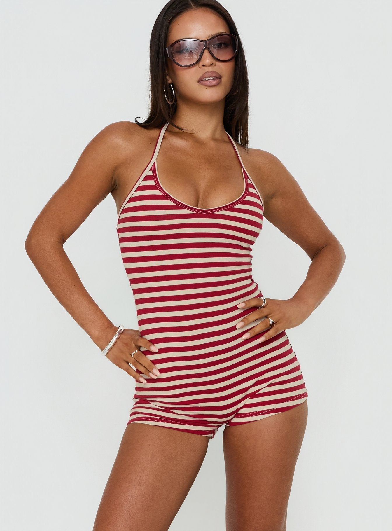 Watch Me Leave Halter Playsuit Red / White Stripe