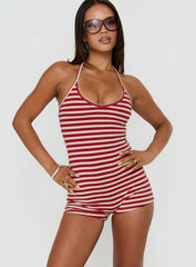 Watch Me Leave Halter Playsuit Red / White Stripe