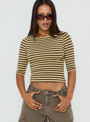 Darling Days 3/4 Sleeve Top Chocolate / Yellow Stripe