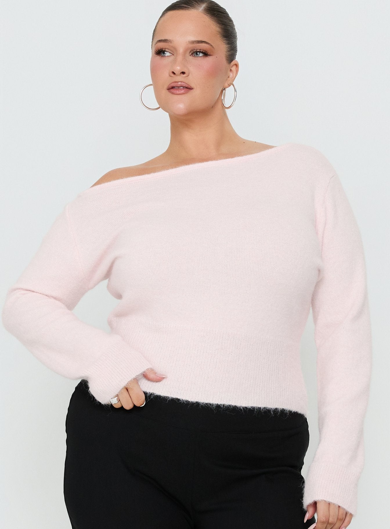 Selbey Fluffy Cinched Waist Off Shoulder Top Pink  Curve