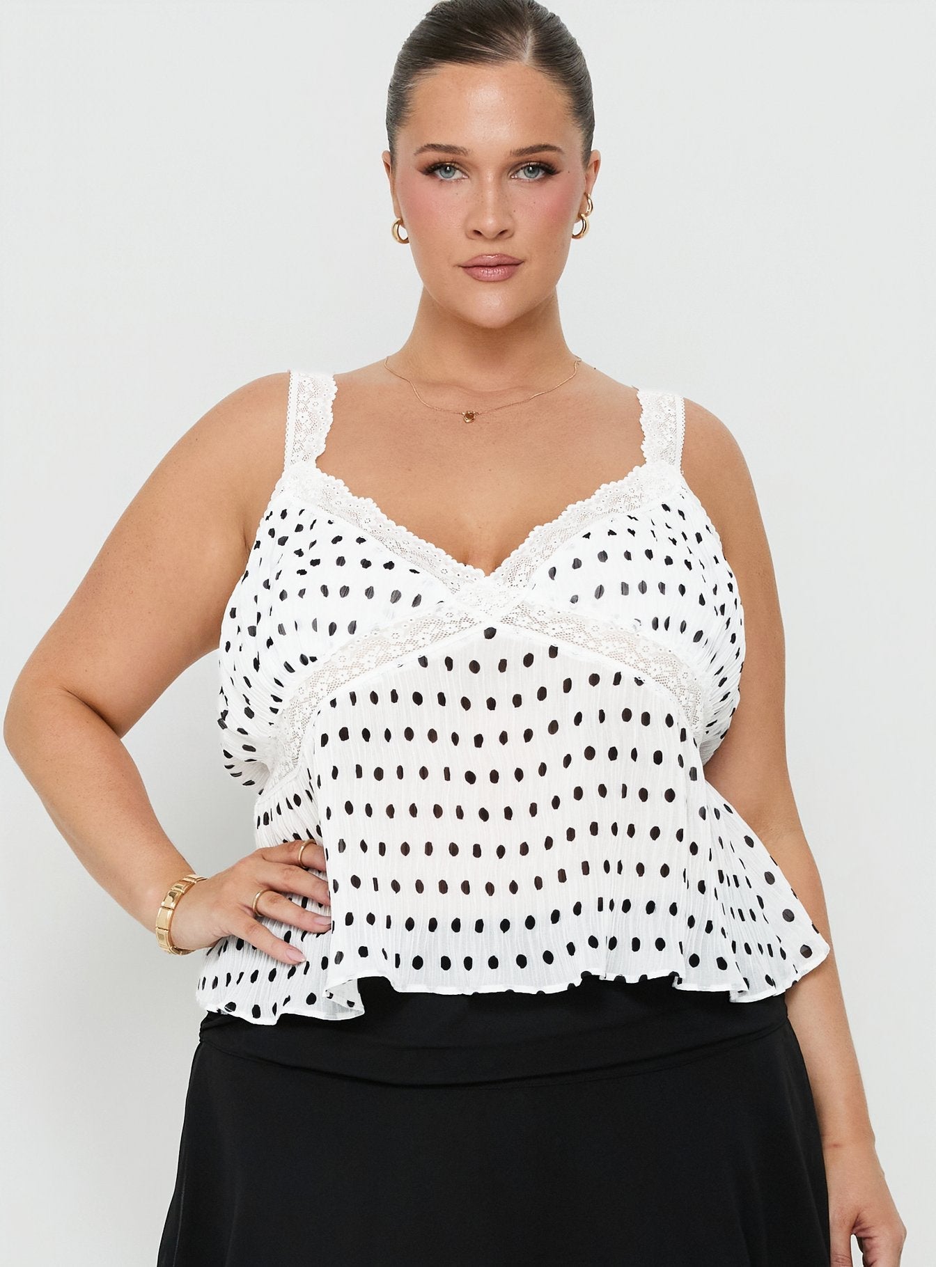 Raydon Lace Trim Cami Top White / Black Polka Curve